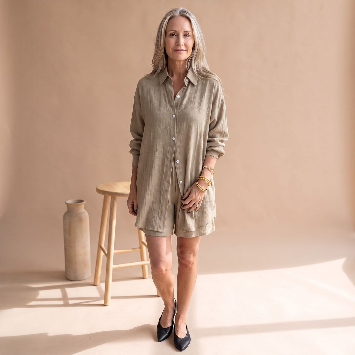 Women's Linen-Look Button-Down Shirt Short Two Piece Set - Beige