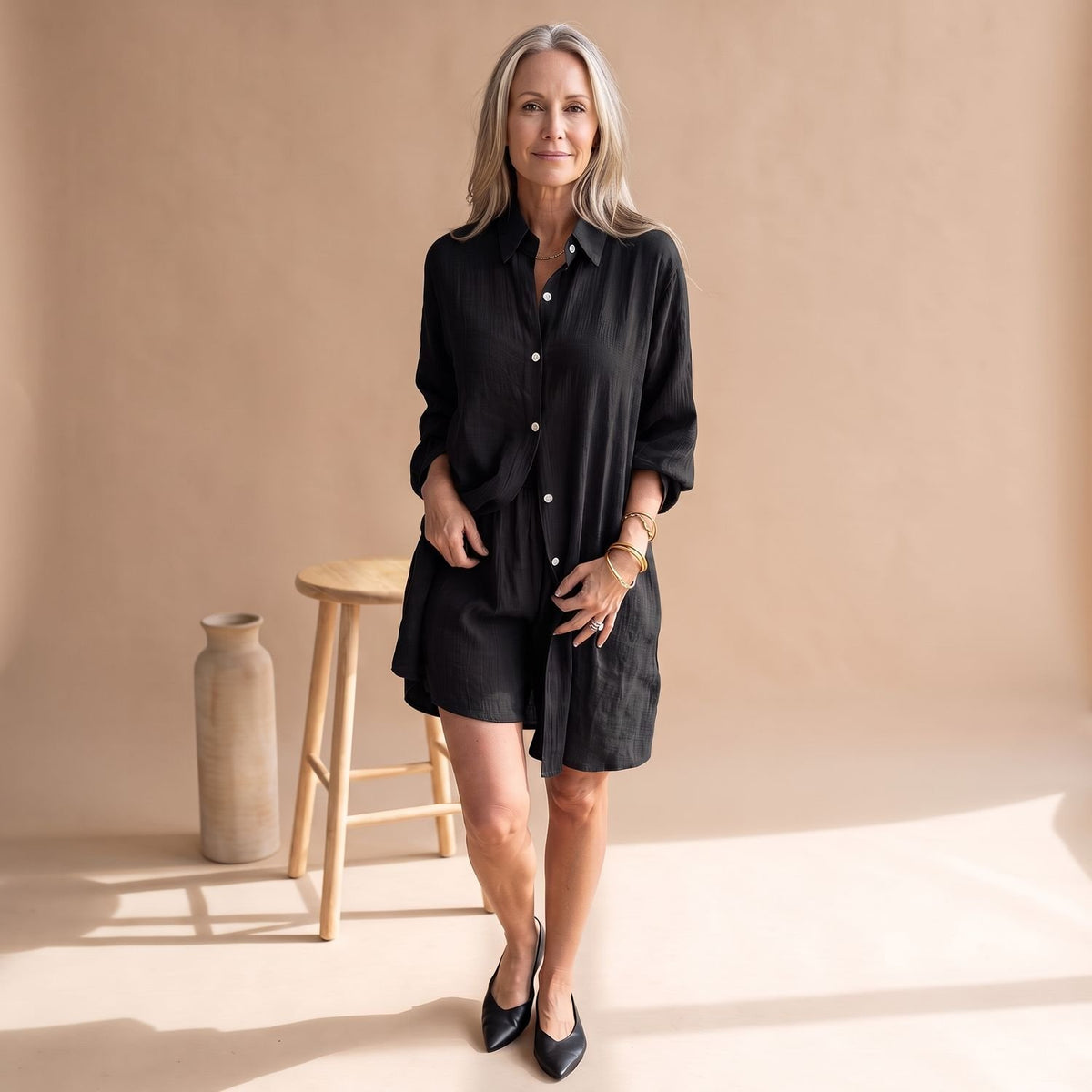 Women's Linen-Look Button-Down Shirt Short Two Piece Set - Black