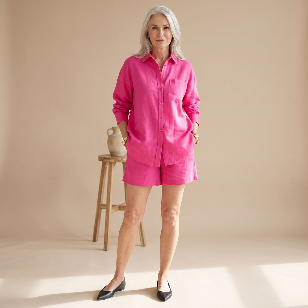 Women's Linen-Look Button-Down Shirt Short Two Piece Set - Pink