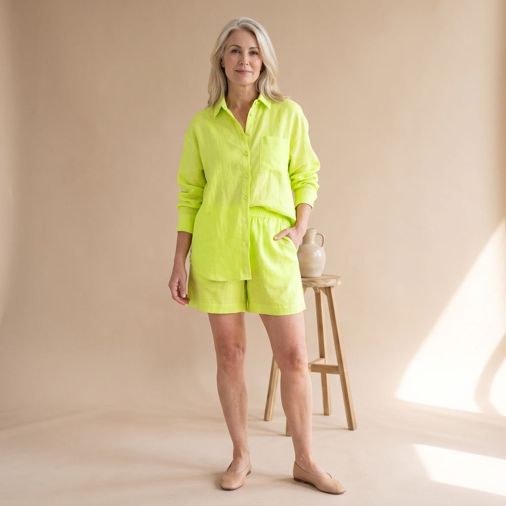Women's Linen-Look Button-Down Shirt Short Two Piece Set - Green
