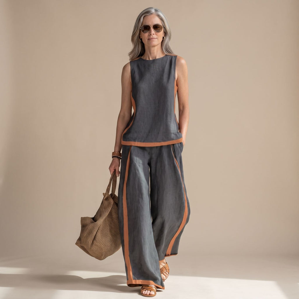 Women's Linen-Look Sleeveless Contrast-Trim Two Piece Set - Gray