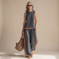 Women's Linen-Look Sleeveless Contrast-Trim Two Piece Set - Gray