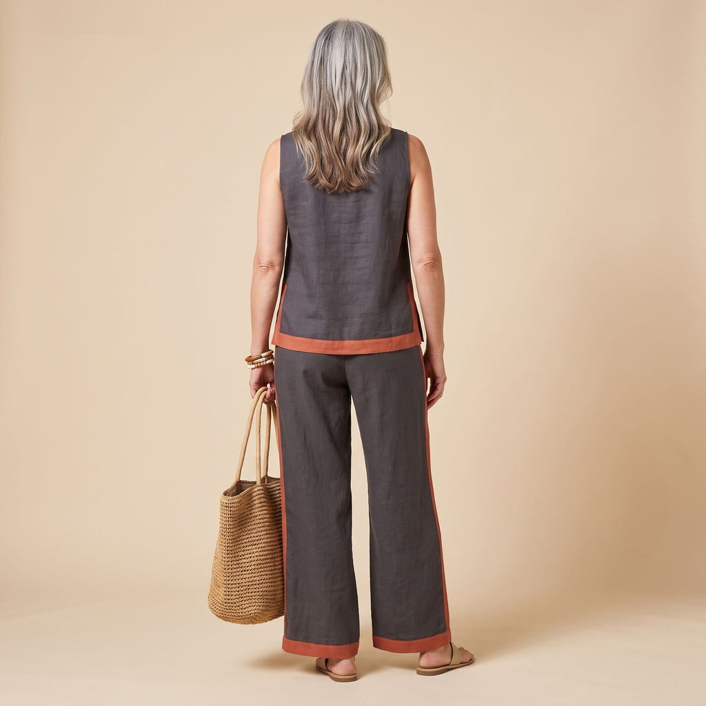 Women's Linen-Look Sleeveless Contrast-Trim Two Piece Set