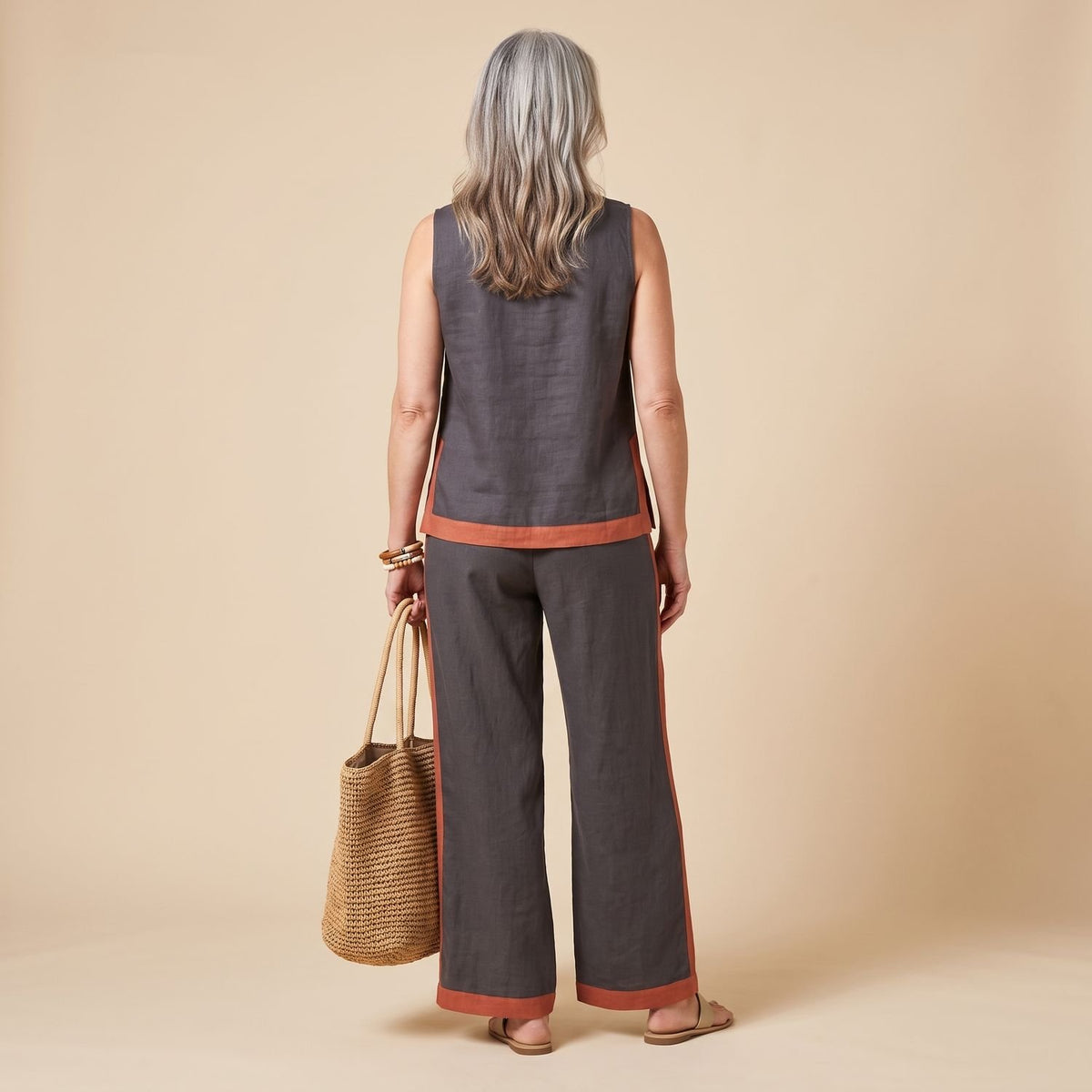 Women's Linen-Look Sleeveless Contrast-Trim Two Piece Set