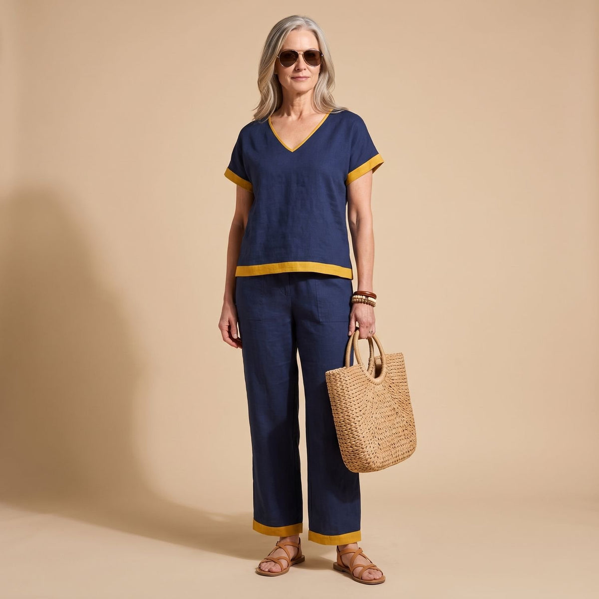 Women's Linen-Look Sleeveless Contrast-Trim Two Piece Set - Dark Blue