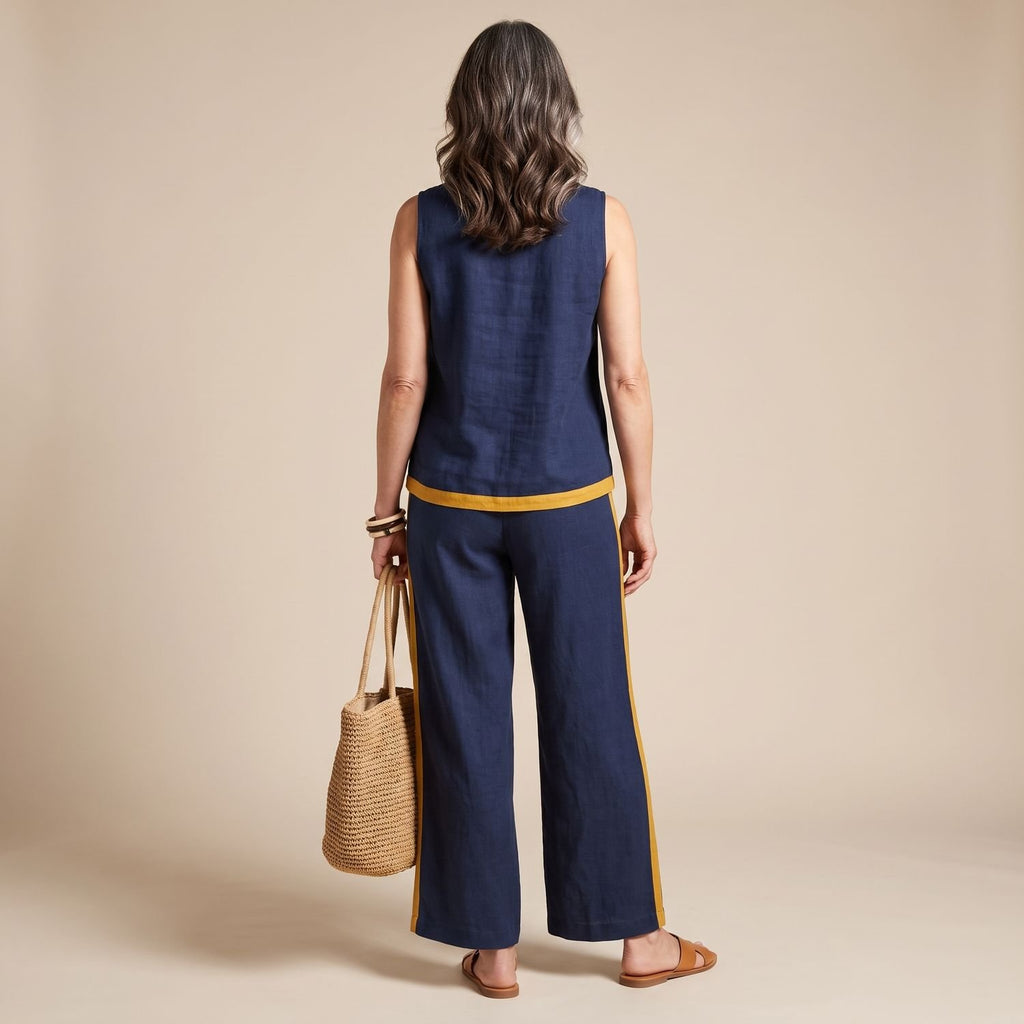 Women's Linen-Look Sleeveless Contrast-Trim Two Piece Set
