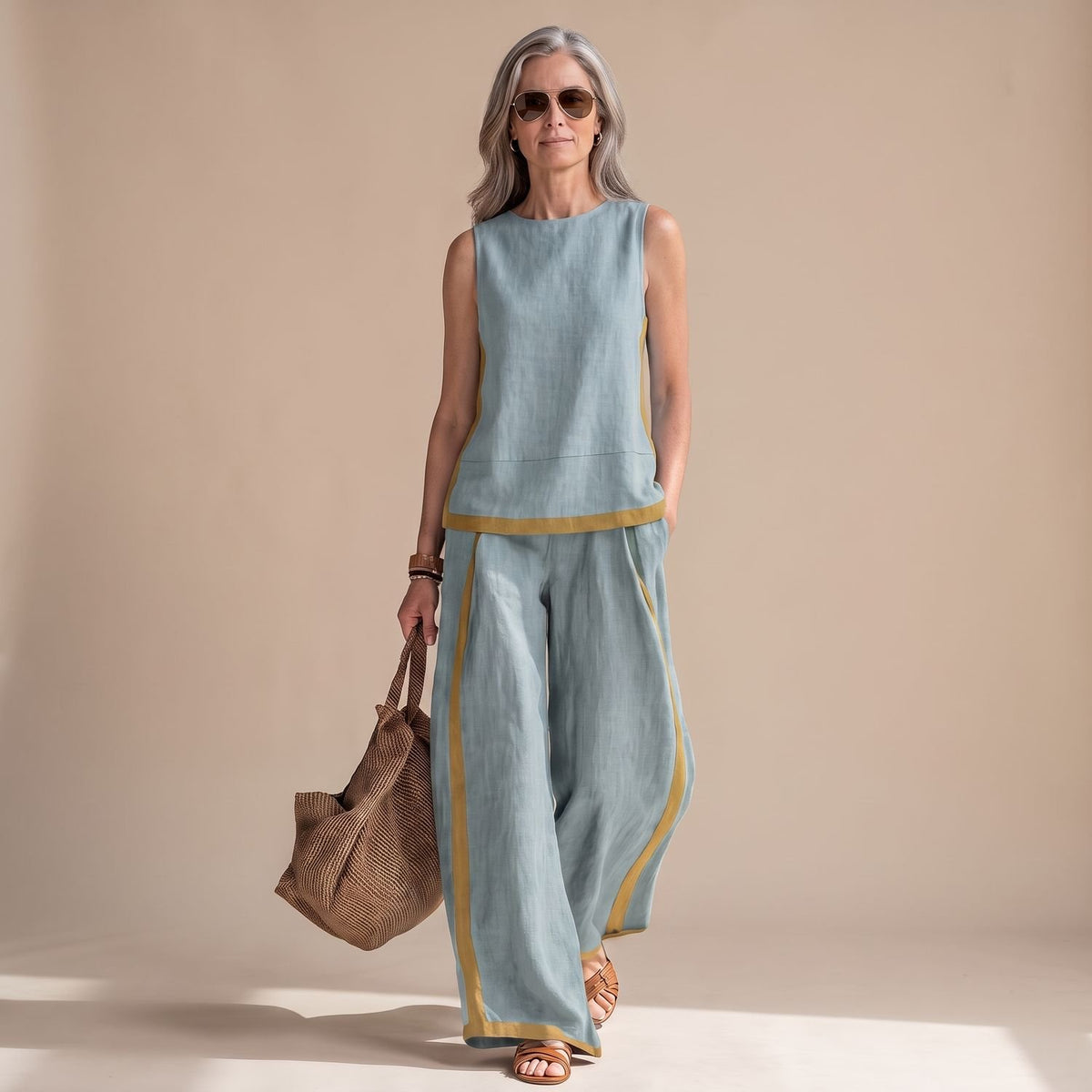 Women's Linen-Look Sleeveless Contrast-Trim Two Piece Set - Light Blue