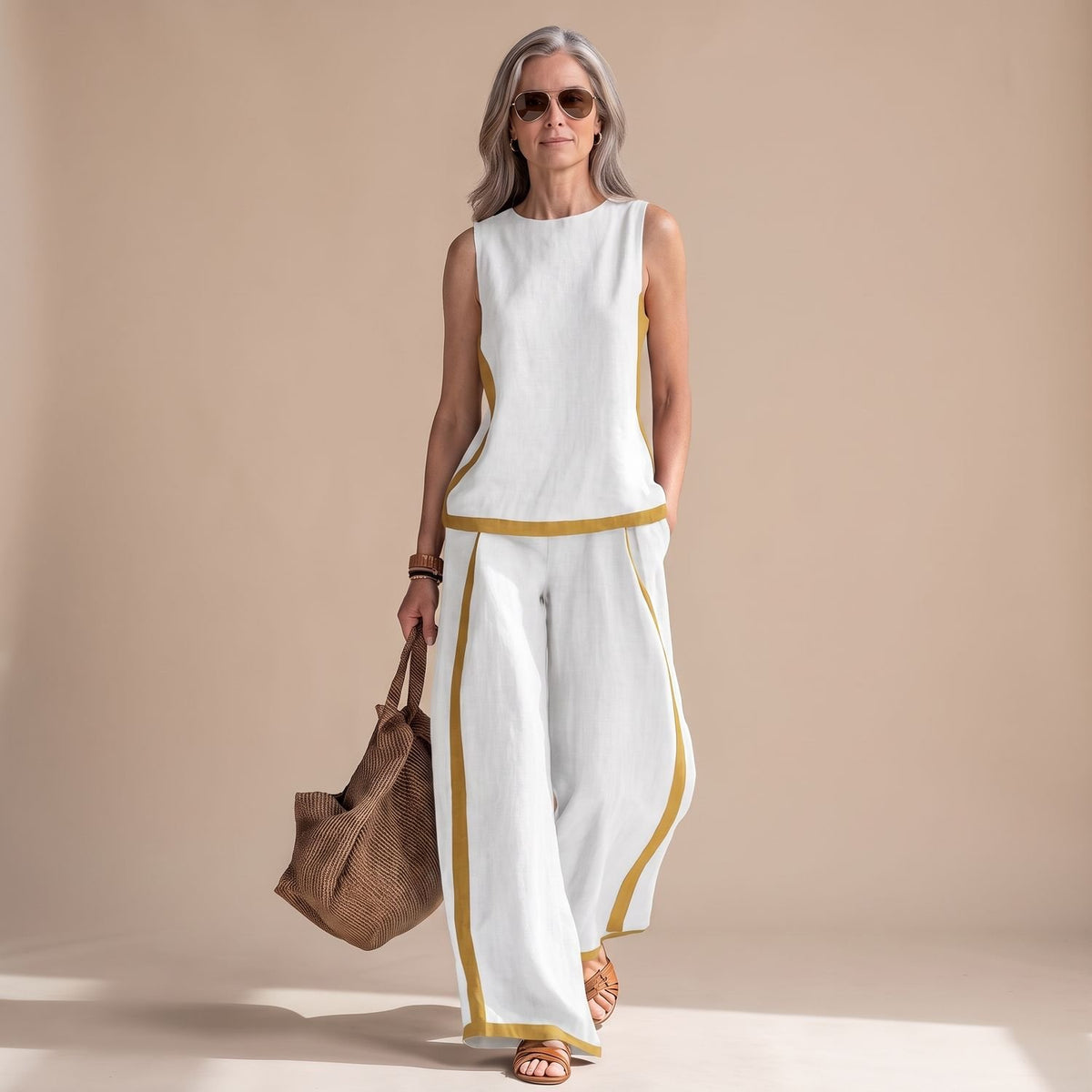 Women's Linen-Look Sleeveless Contrast-Trim Two Piece Set - White