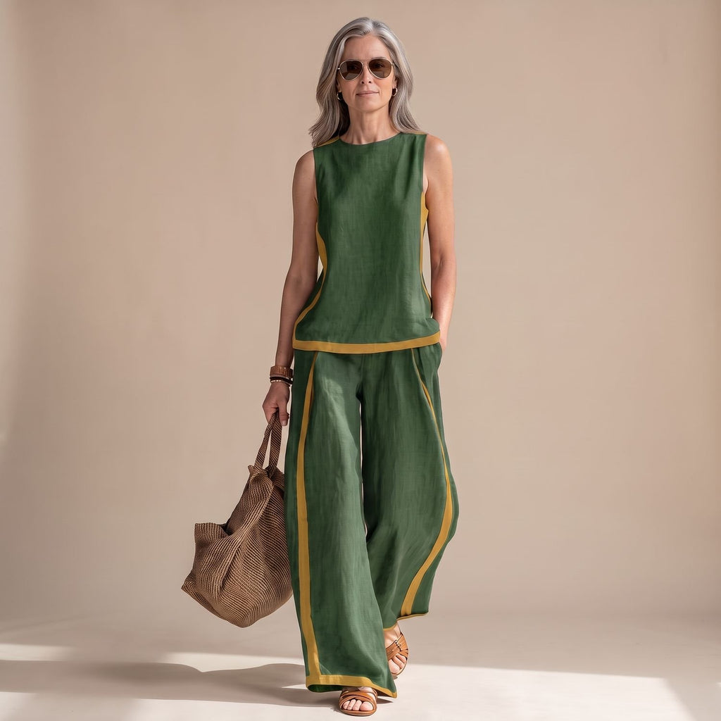 Women's Linen-Look Sleeveless Contrast-Trim Two Piece Set - Green