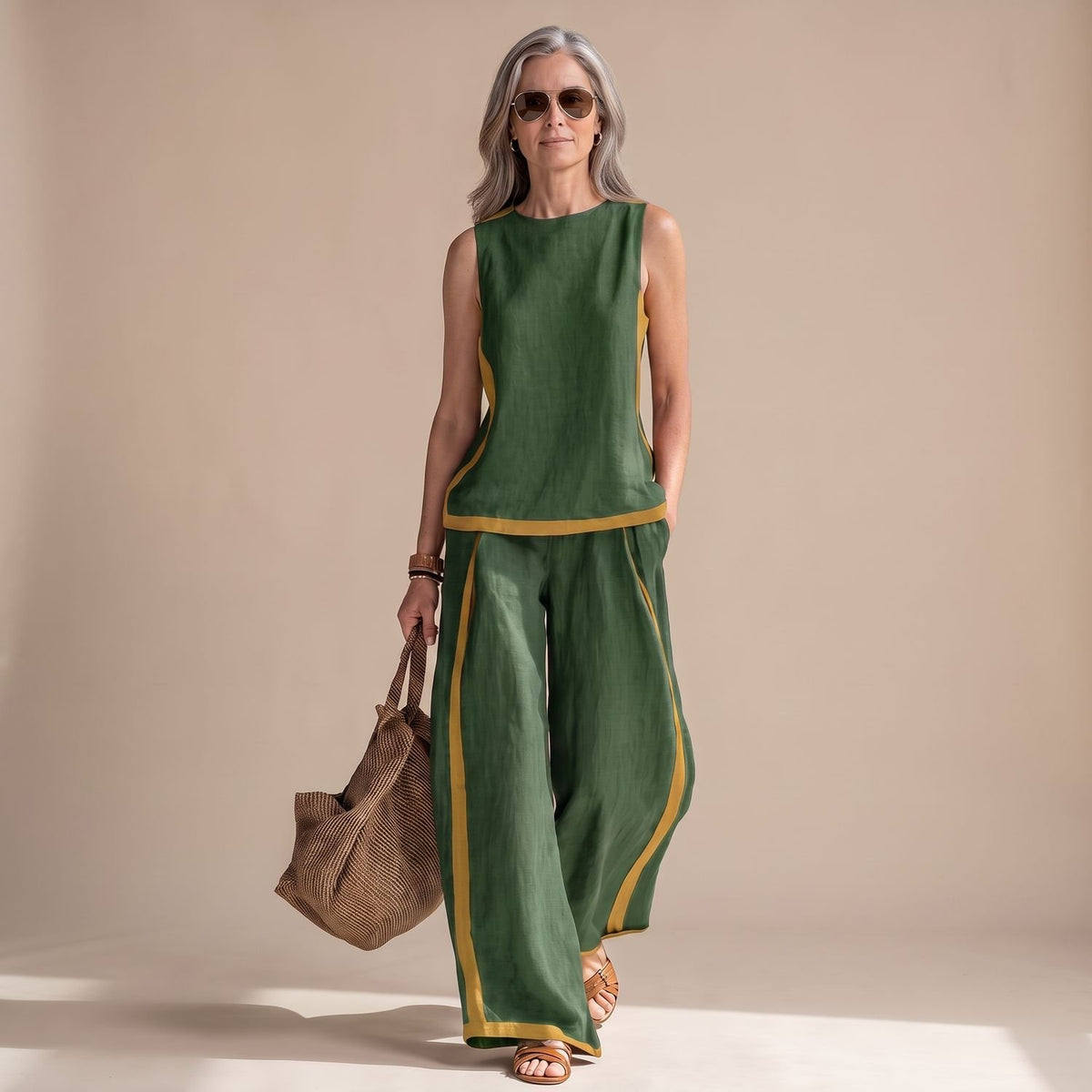 Women's Linen-Look Sleeveless Contrast-Trim Two Piece Set - Green