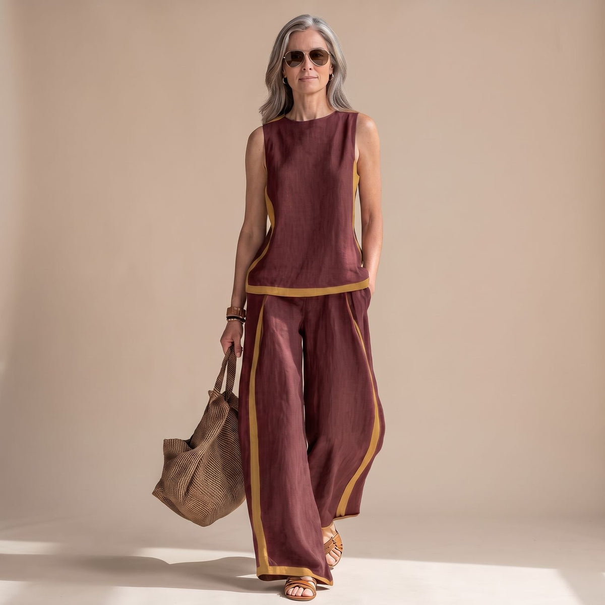 Women's Linen-Look Sleeveless Contrast-Trim Two Piece Set - Burgundy