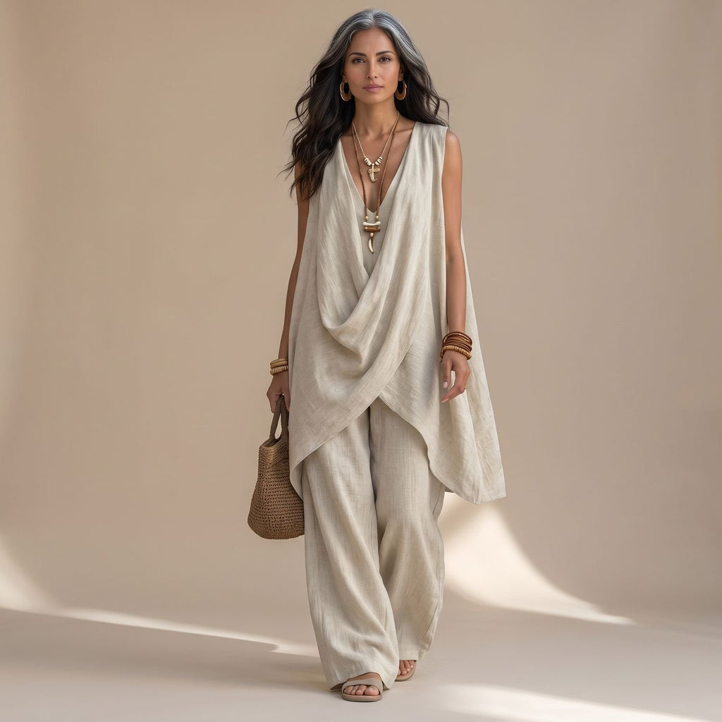 Women's Linen-Look Sleeveless Draped Two Piece Set Wide-Leg Pants - Beige