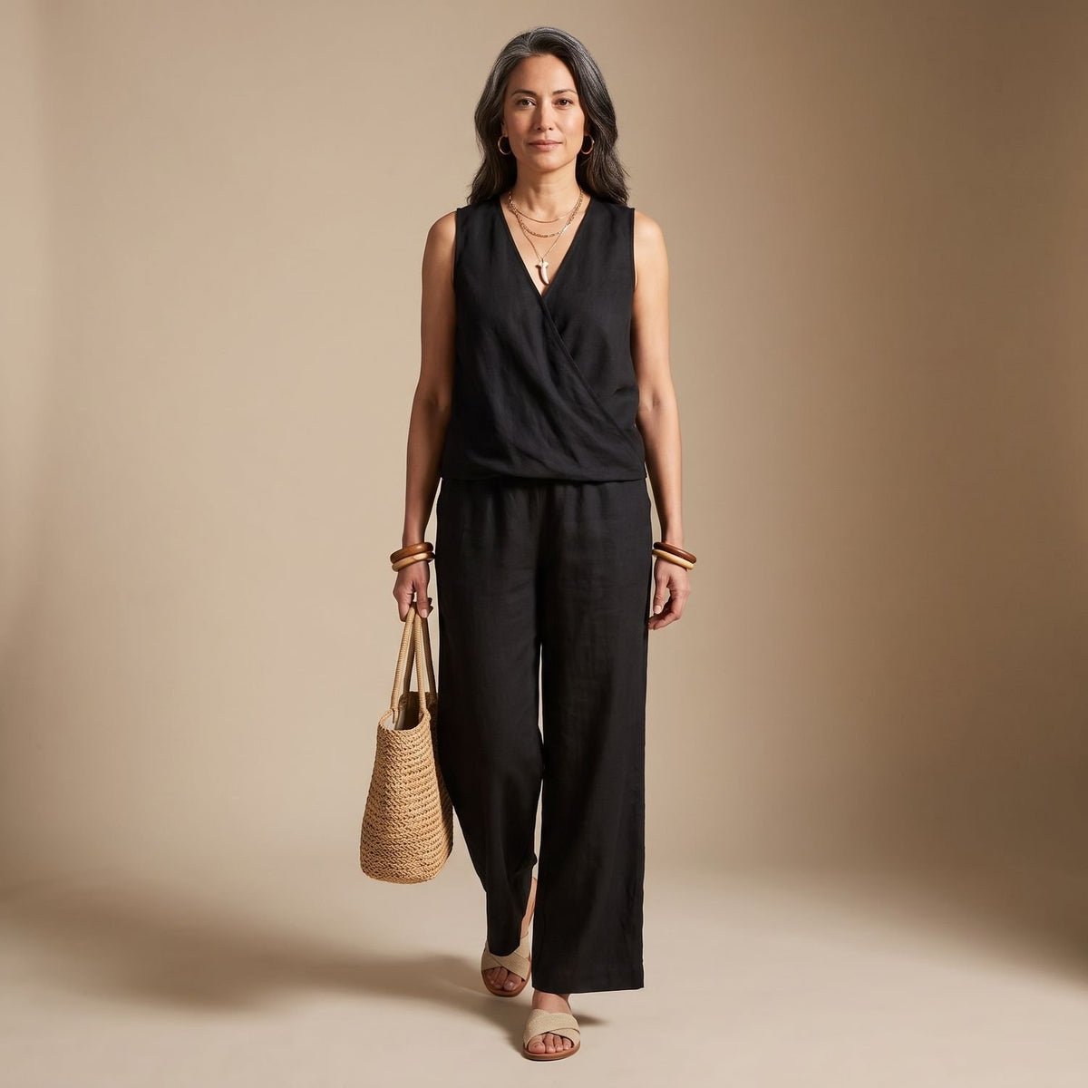 Women's Linen-Look Sleeveless Draped Two Piece Set Wide-Leg Pants - Black