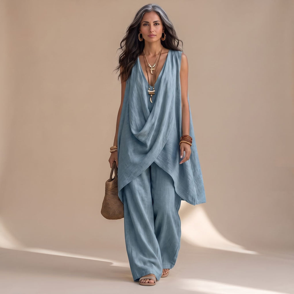 Women's Linen-Look Sleeveless Draped Two Piece Set Wide-Leg Pants - Blue
