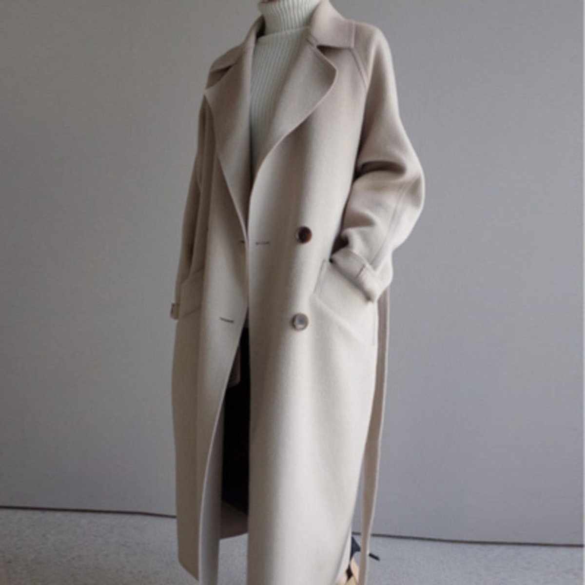 Women's Long Double-Breasted Cashmere Blend Overcoat - Off-White