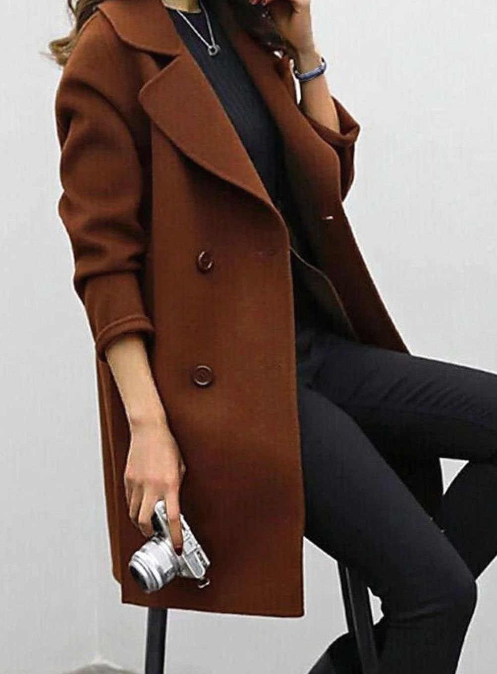 Women's Long Double-Breasted Wool-Blend Winter Coat - Brown