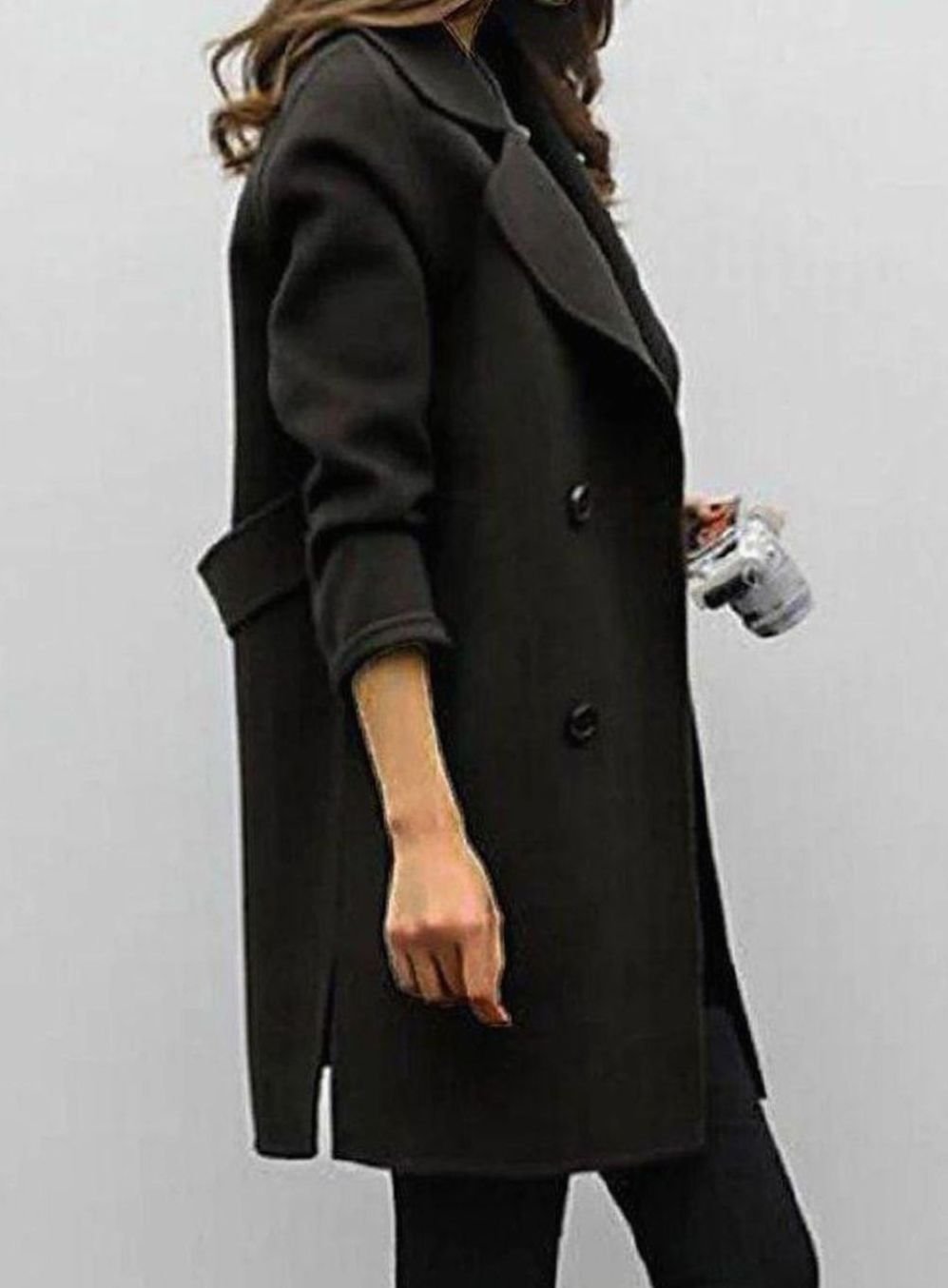 Women's Long Double-Breasted Wool-Blend Winter Coat - Black