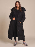 Women's Long Hooded Puffer Coat Belted Longline Winter Jacket - Black