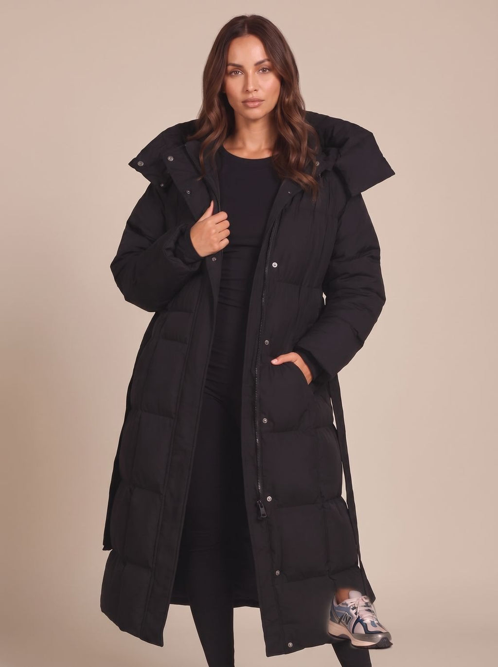 Women's Long Hooded Puffer Coat Belted Longline Winter Jacket