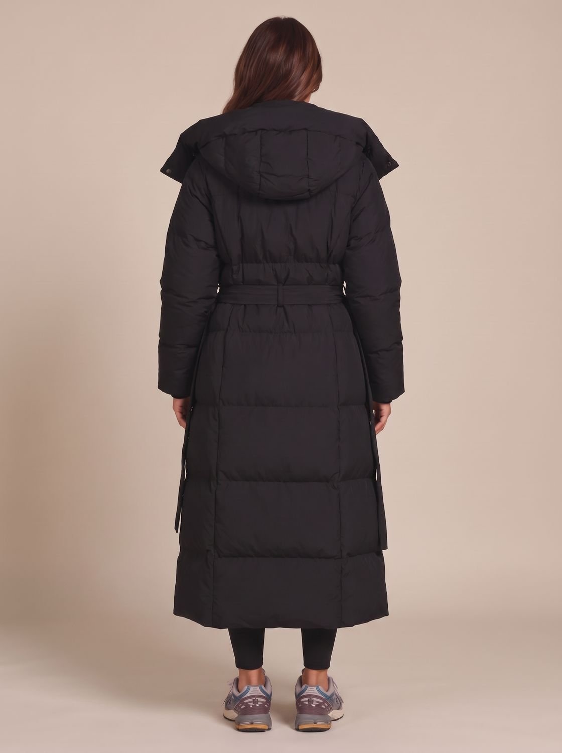 Women's Long Hooded Puffer Coat Belted Longline Winter Jacket