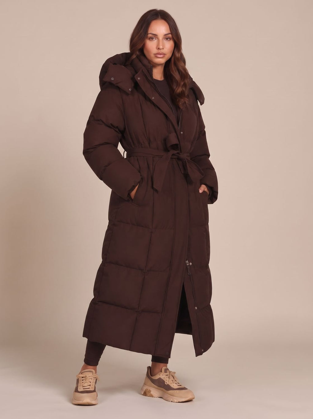 Women's Long Hooded Puffer Coat Belted Longline Winter Jacket - Brown