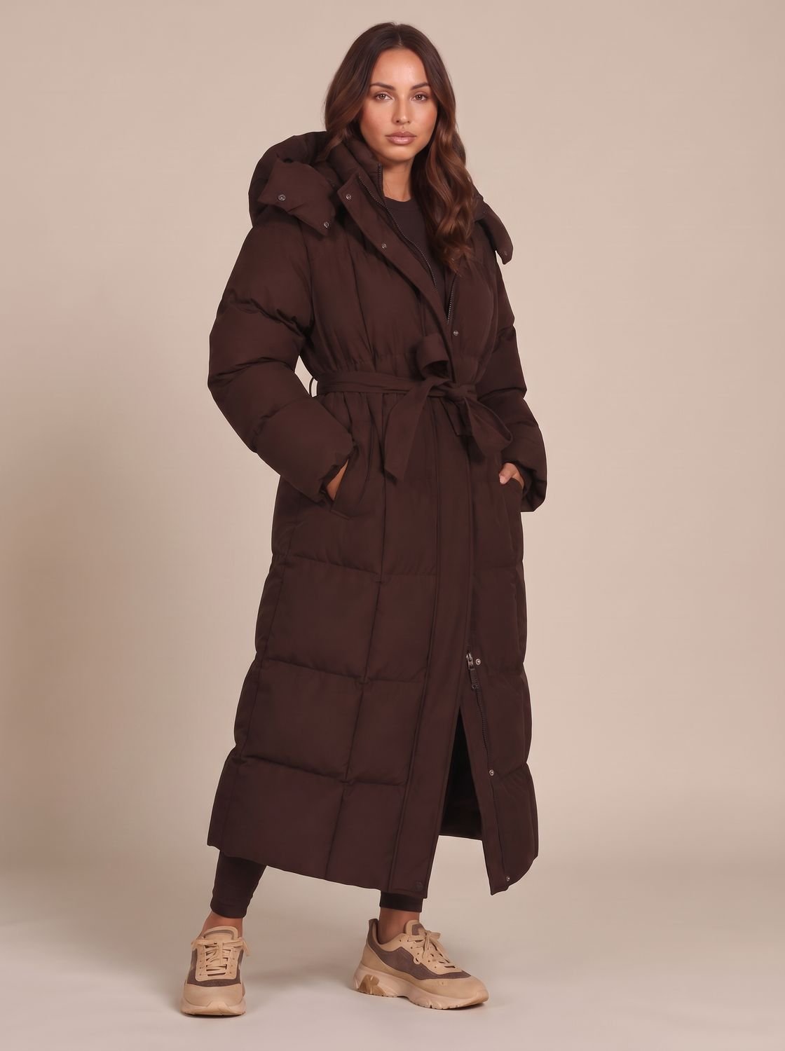 Women's Long Hooded Puffer Coat Belted Longline Winter Jacket - Brown