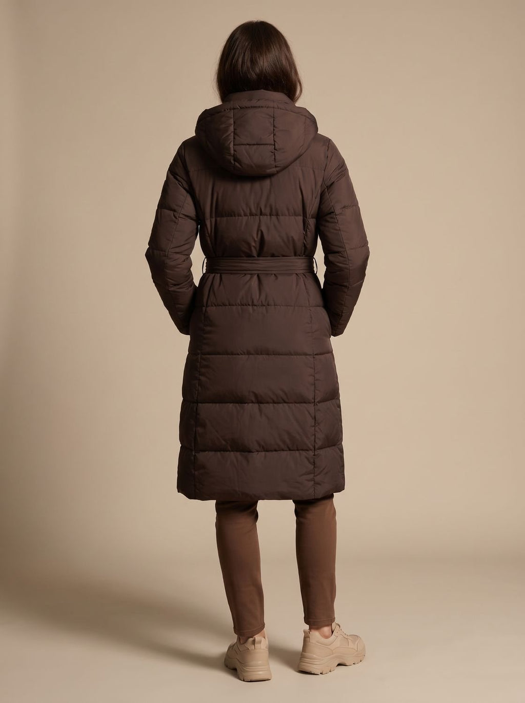 Women's Long Hooded Puffer Coat Belted Longline Winter Jacket