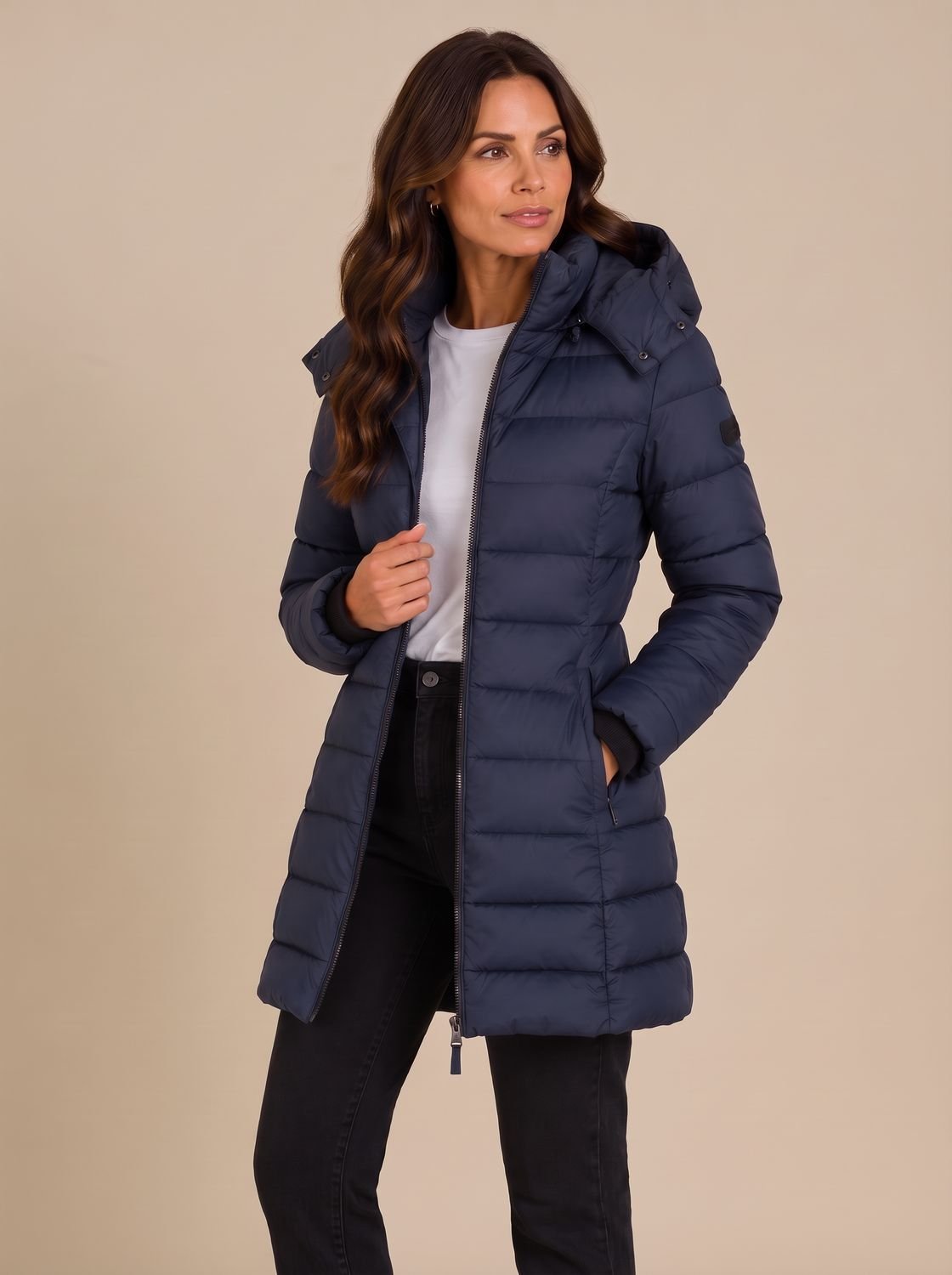 Women's Long Hooded Puffer Jacket Insulated Quilted Winter Coat - Navy
