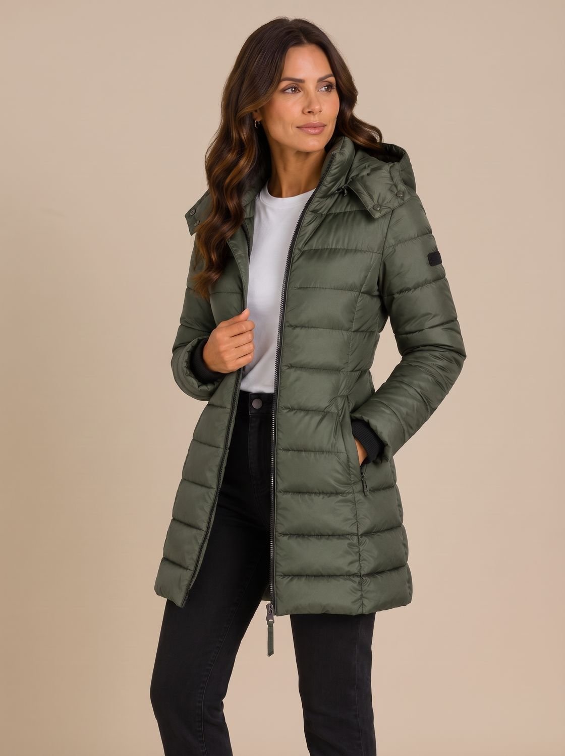 Women's Long Hooded Puffer Jacket Insulated Quilted Winter Coat - Green