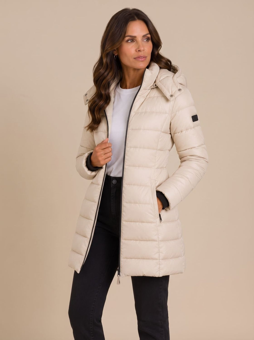 Women's Long Hooded Puffer Jacket Insulated Quilted Winter Coat - Beige