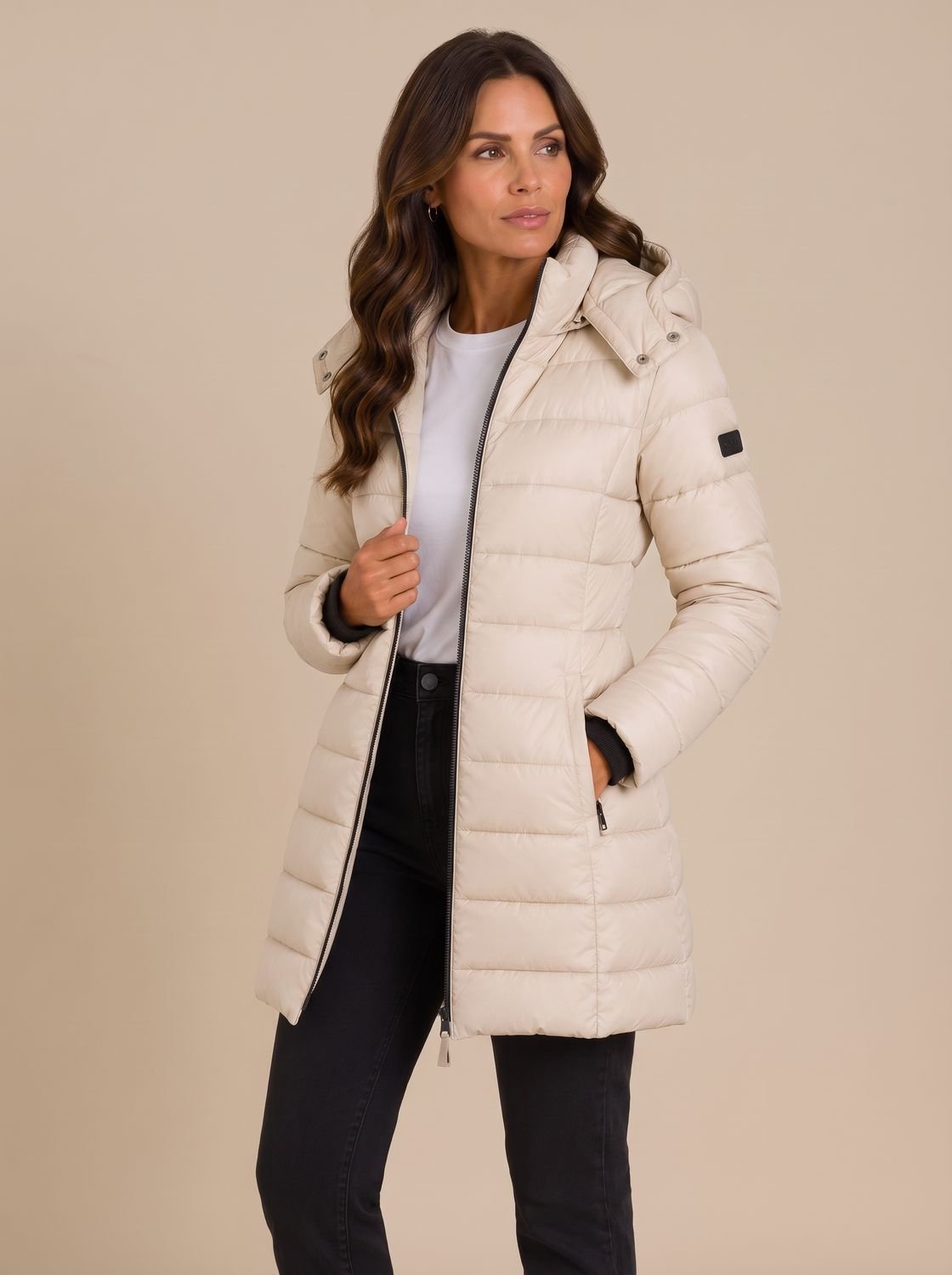 Women's Long Hooded Puffer Jacket Insulated Quilted Winter Coat - Beige