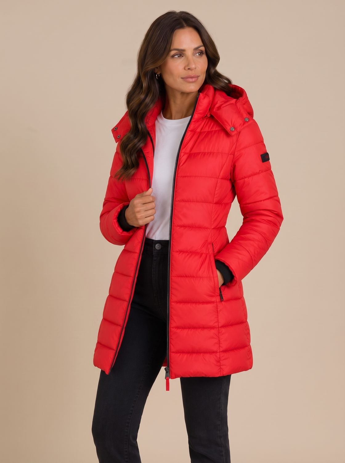Women's Long Hooded Puffer Jacket Insulated Quilted Winter Coat - Red