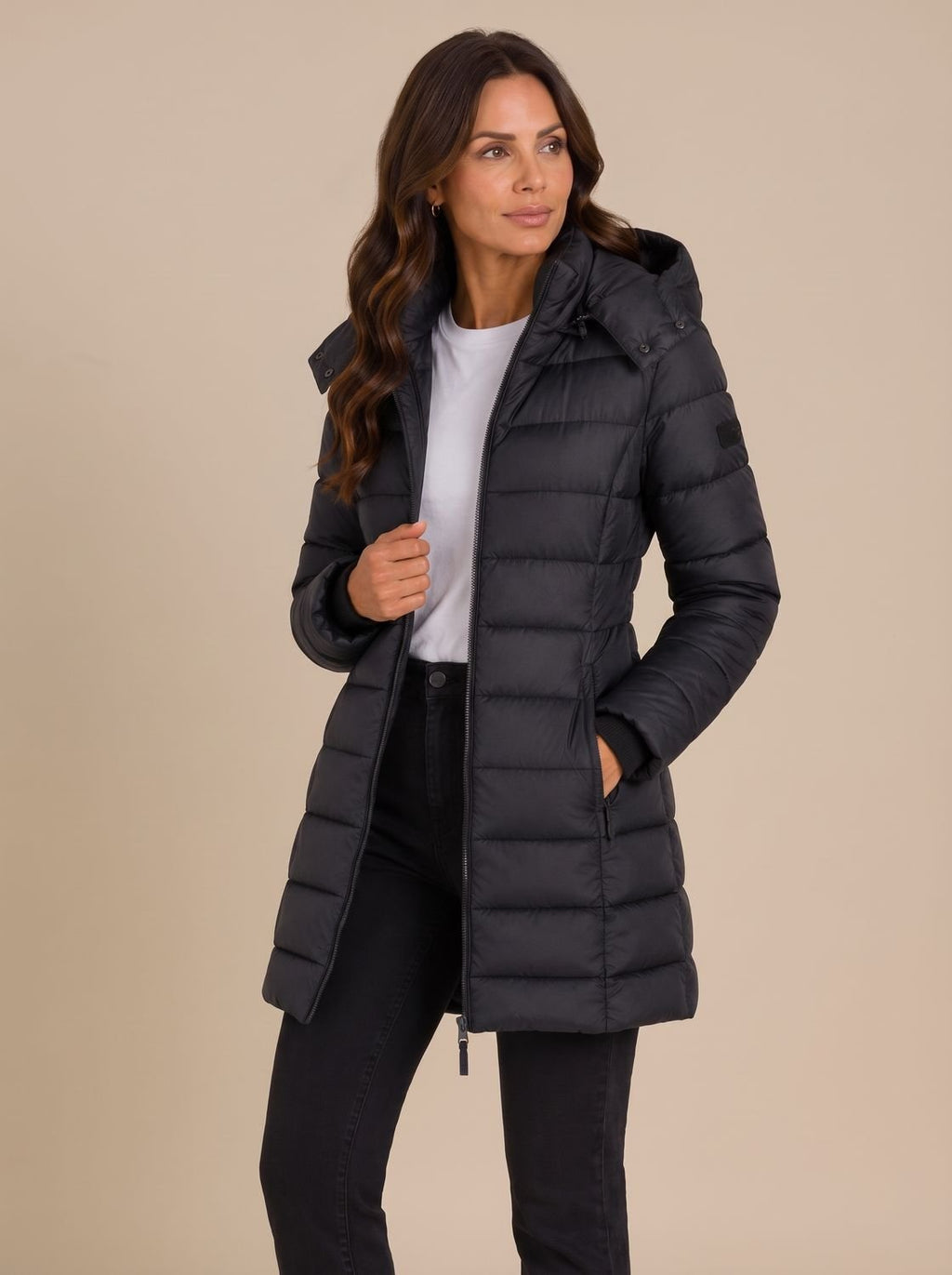 Women's Long Hooded Puffer Jacket Insulated Quilted Winter Coat - Black