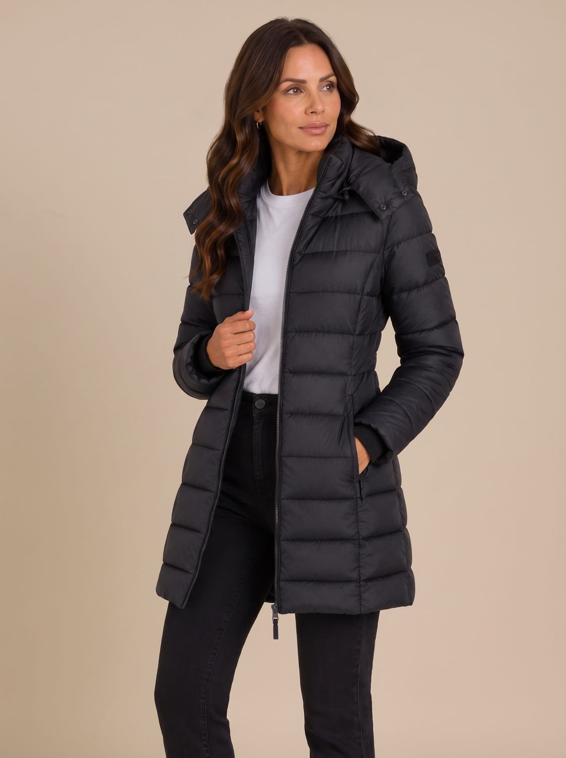 Women's Long Hooded Puffer Jacket Insulated Quilted Winter Coat - Black