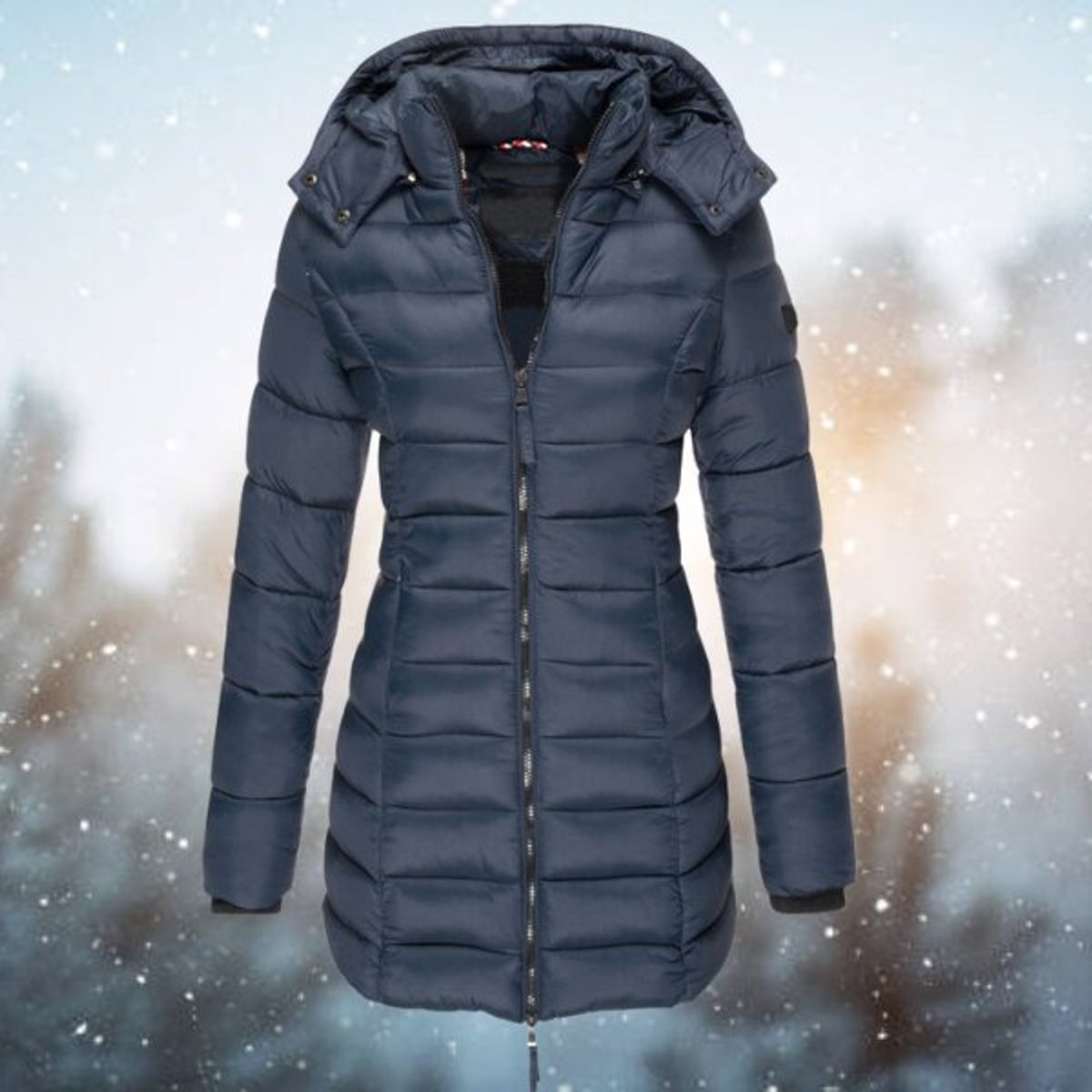 Women's Long Hooded Puffer Quilted Jacket Zip-Up Winter Coat - Navy Blue