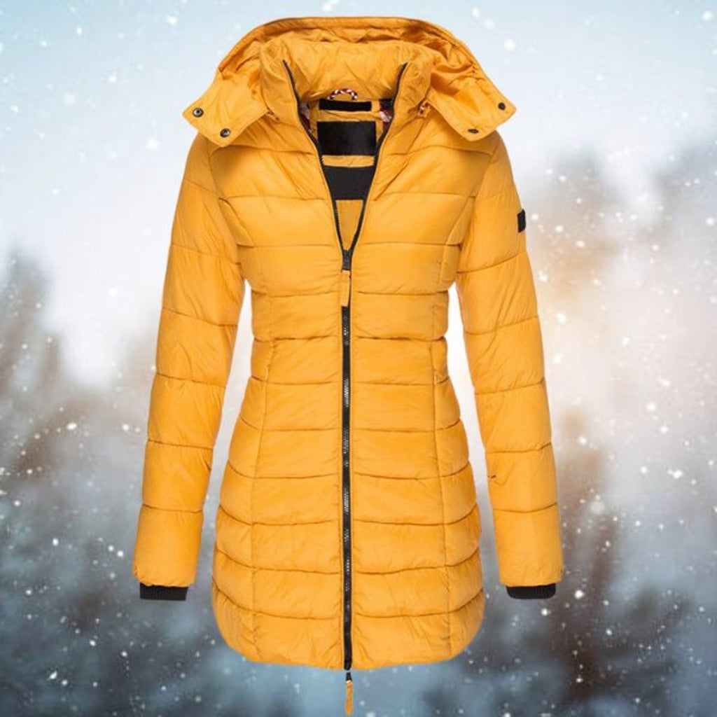 Women's Long Hooded Puffer Quilted Jacket Zip-Up Winter Coat - Yellow
