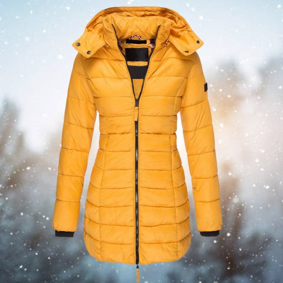 Women's Long Hooded Puffer Quilted Jacket Zip-Up Winter Coat - Yellow