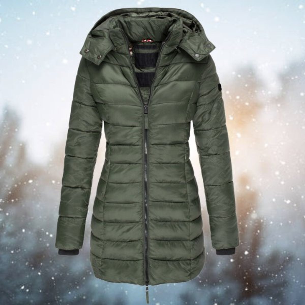 Women's Long Hooded Puffer Quilted Jacket Zip-Up Winter Coat - Green