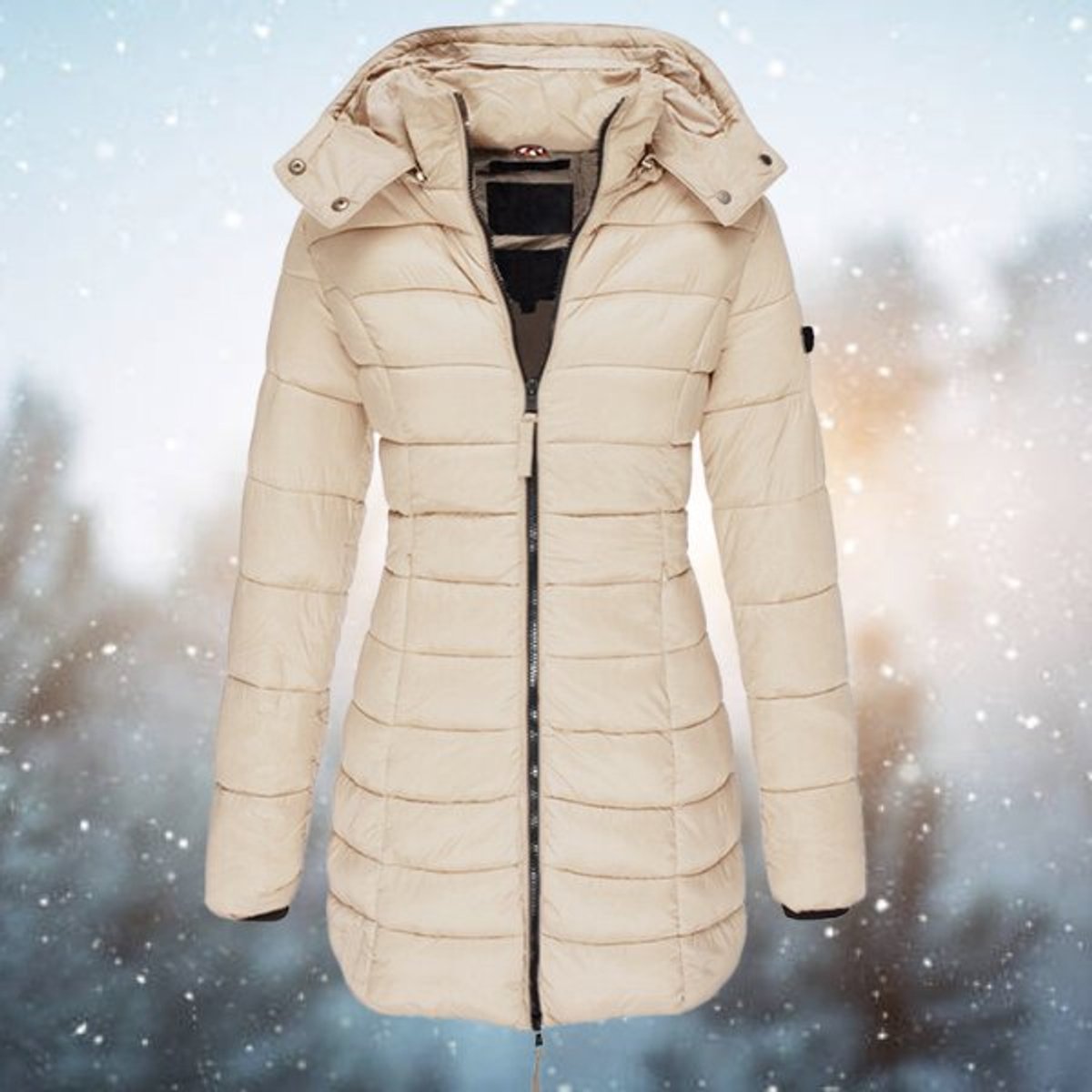 Women's Long Hooded Puffer Quilted Jacket Zip-Up Winter Coat - Khaki