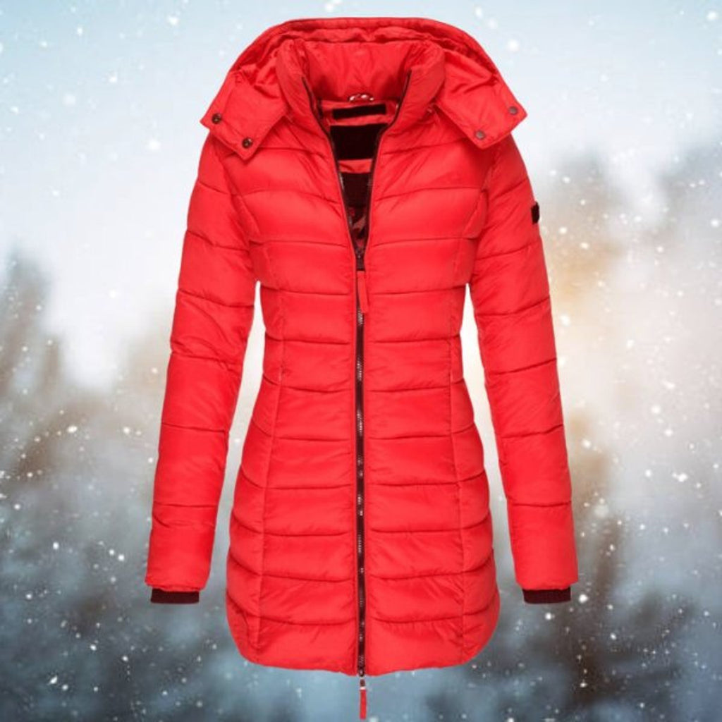 Women's Long Hooded Puffer Quilted Jacket Zip-Up Winter Coat - Red
