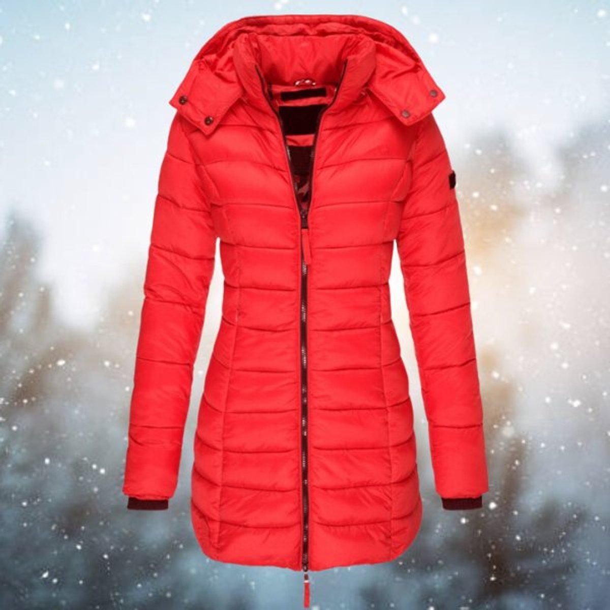 Women's Long Hooded Puffer Quilted Jacket Zip-Up Winter Coat - Red