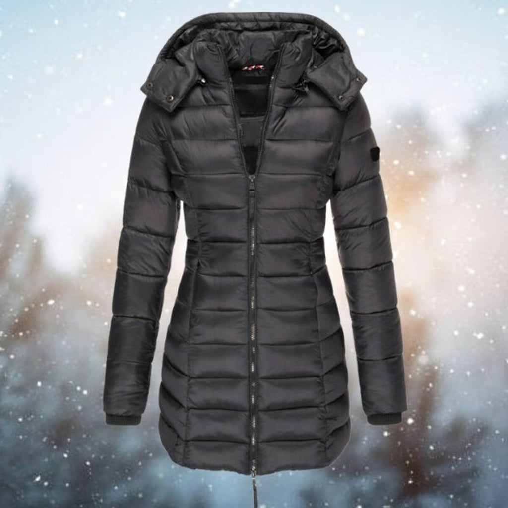 Women's Long Hooded Puffer Quilted Jacket Zip-Up Winter Coat - Black