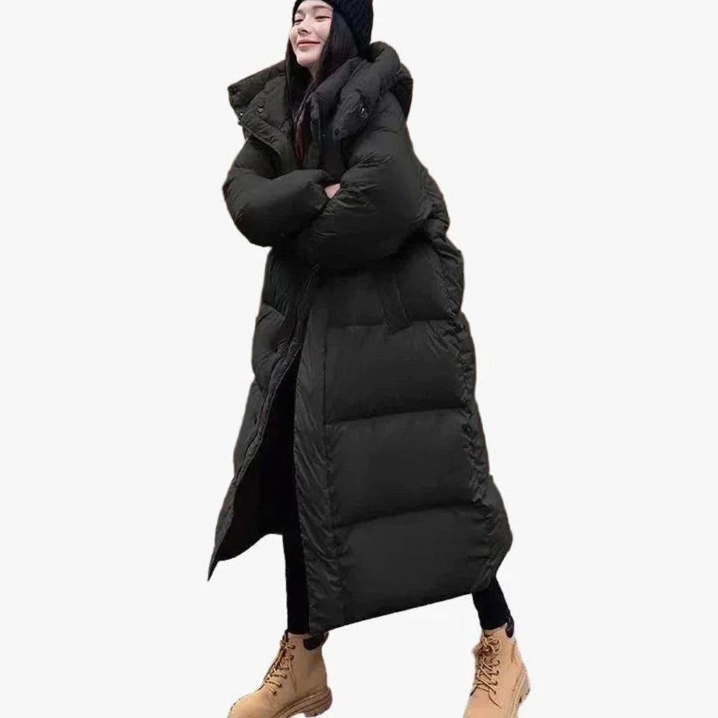 Women's Long Hooded Quilted Puffer Coat Relaxed Fit - Black