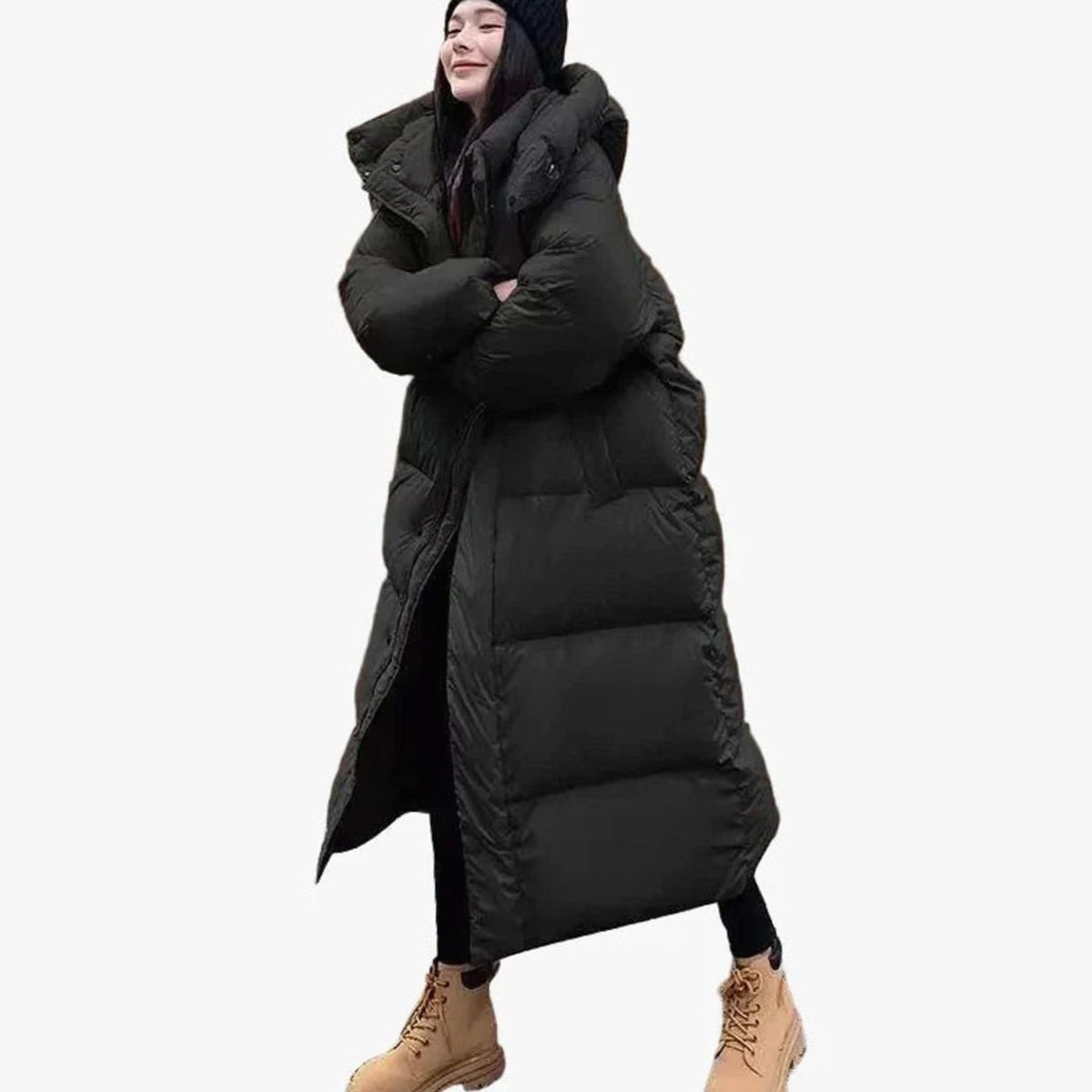 Women's Long Hooded Quilted Puffer Coat Relaxed Fit - Black