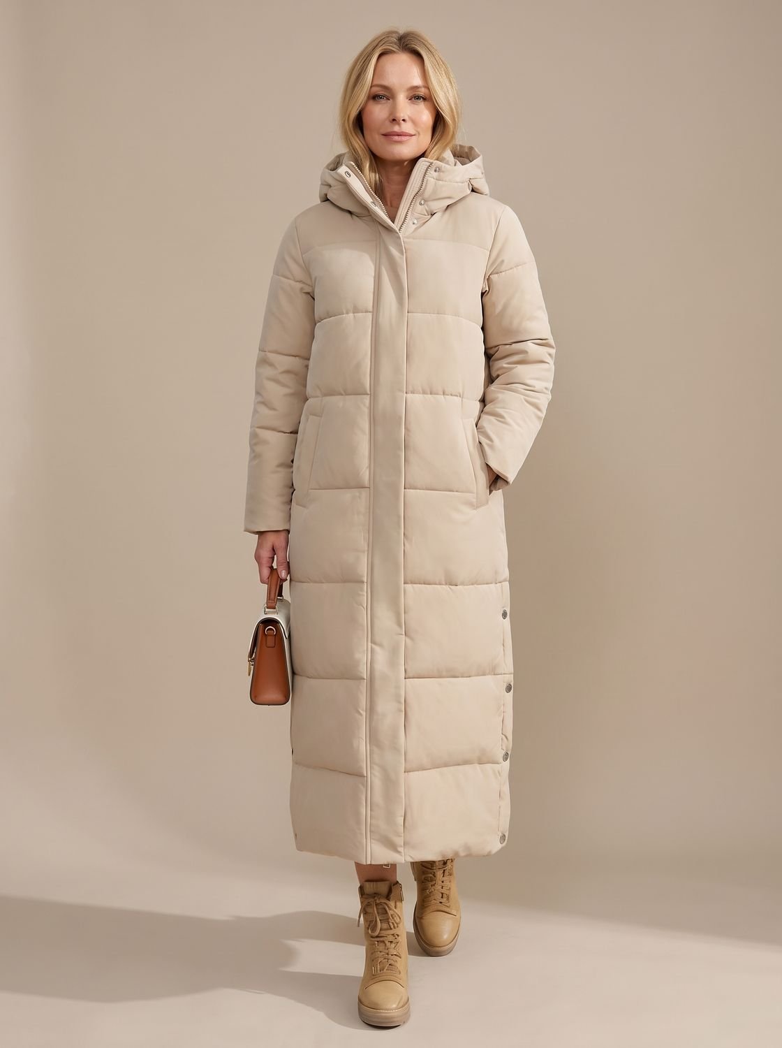 Women's Long Hooded Quilted Puffer Jacket Maxi Coat - Beige