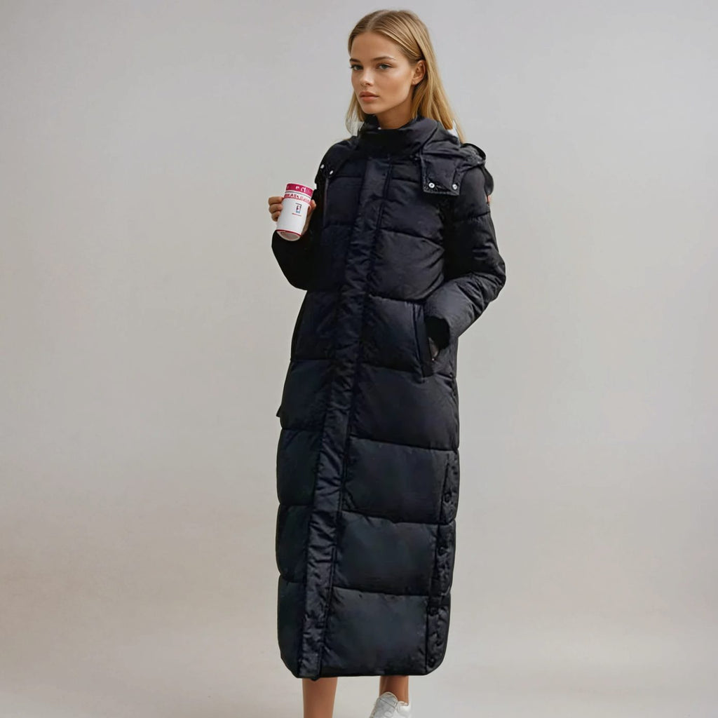 Women's Long Hooded Quilted Puffer Jacket Maxi Coat - Black
