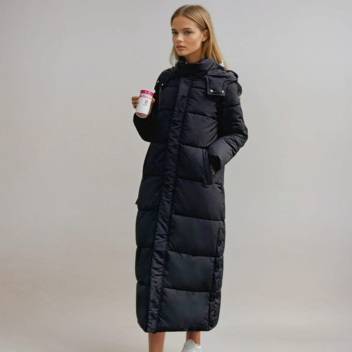 Women's Long Hooded Quilted Puffer Jacket Maxi Coat - Black