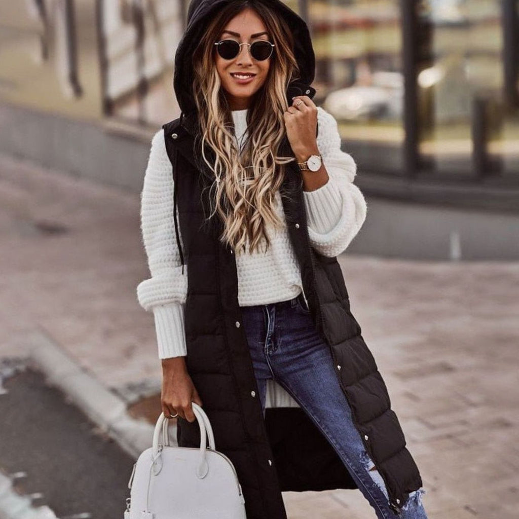 Women's Long Hooded Quilted Puffer Vest - Black