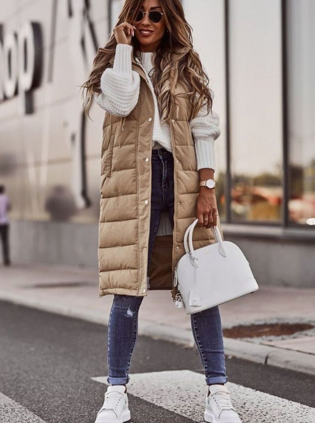 Women's Long Hooded Quilted Puffer Vest - Beige