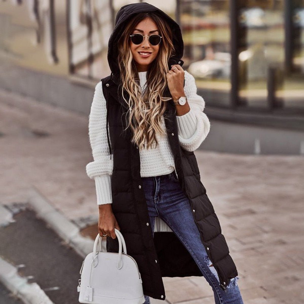 Women's Long Hooded Quilted Puffer Vest Sleeveless Zip-Up Jacket
